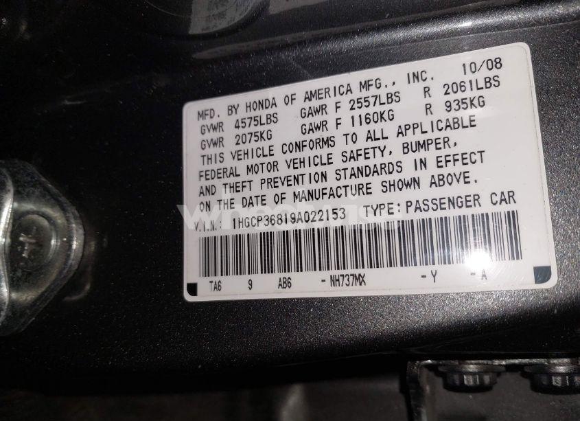 Photo 9 of 2009 Honda Accord 3.5 EX-L (VIN 1HGCP36819A022153)