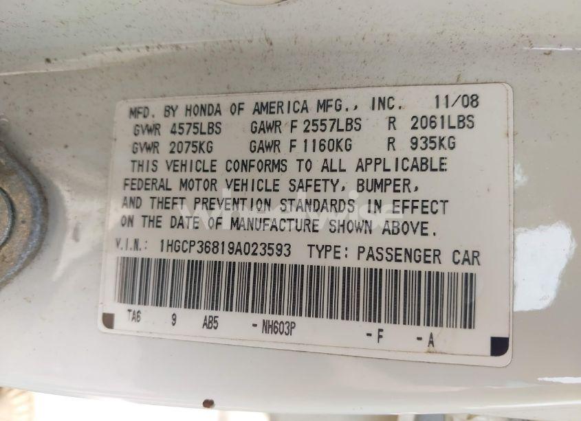 Photo 9 of 2009 Honda Accord 3.5 EX-L (VIN 1HGCP36819A023593)