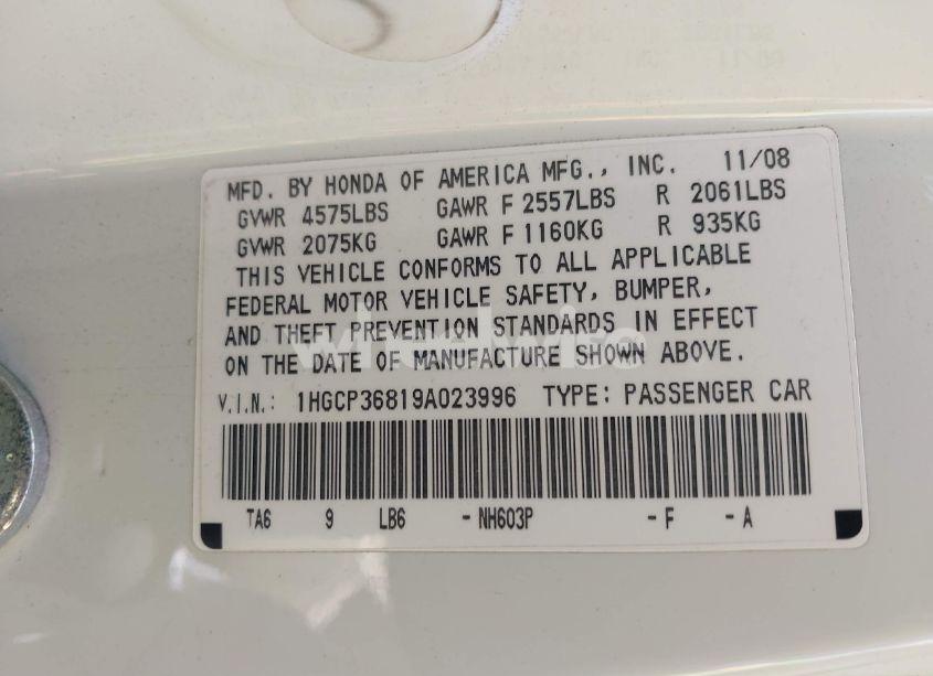 Photo 9 of 2009 Honda Accord 3.5 EX-L (VIN 1HGCP36819A023996)