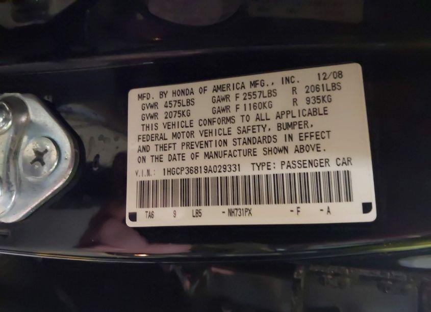 Photo 9 of 2009 Honda Accord 3.5 EX-L (VIN 1HGCP36819A029331)