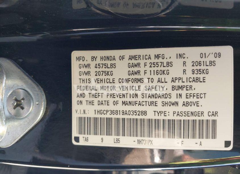 Photo 9 of 2009 Honda Accord 3.5 EX-L (VIN 1HGCP36819A035288)