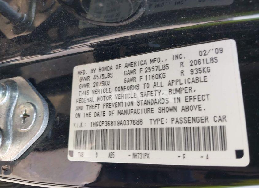 Photo 9 of 2009 Honda Accord 3.5 EX-L (VIN 1HGCP36819A037686)