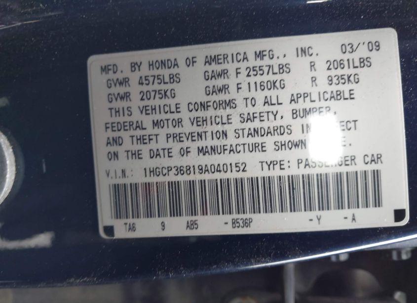 Photo 9 of 2009 Honda Accord 3.5 EX-L (VIN 1HGCP36819A040152)