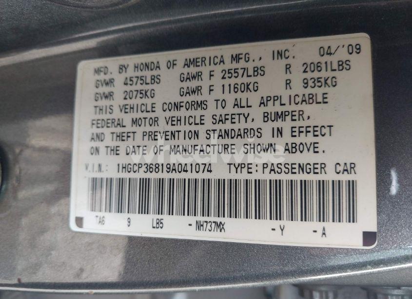 Photo 9 of 2009 Honda Accord 3.5 EX-L (VIN 1HGCP36819A041074)