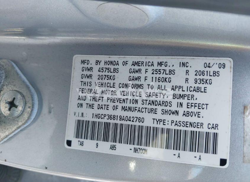 Photo 9 of 2009 Honda Accord 3.5 EX-L (VIN 1HGCP36819A042760)