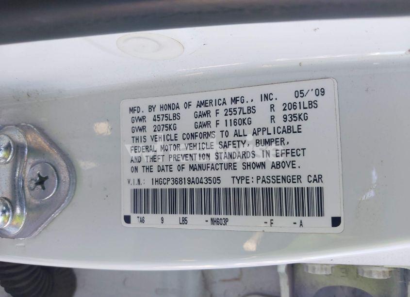 Photo 9 of 2009 Honda Accord 3.5 EX-L (VIN 1HGCP36819A043505)