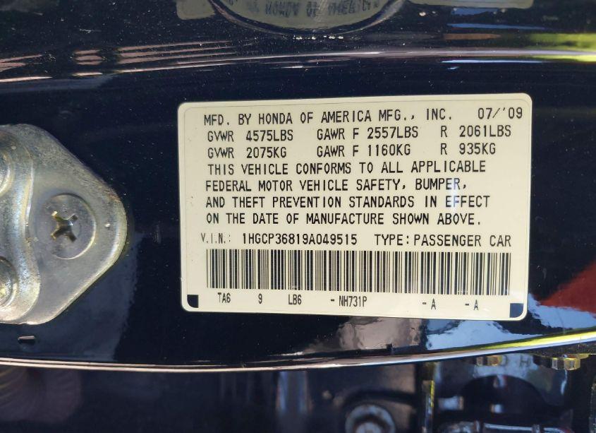 Photo 9 of 2009 Honda Accord 3.5 EX-L (VIN 1HGCP36819A049515)