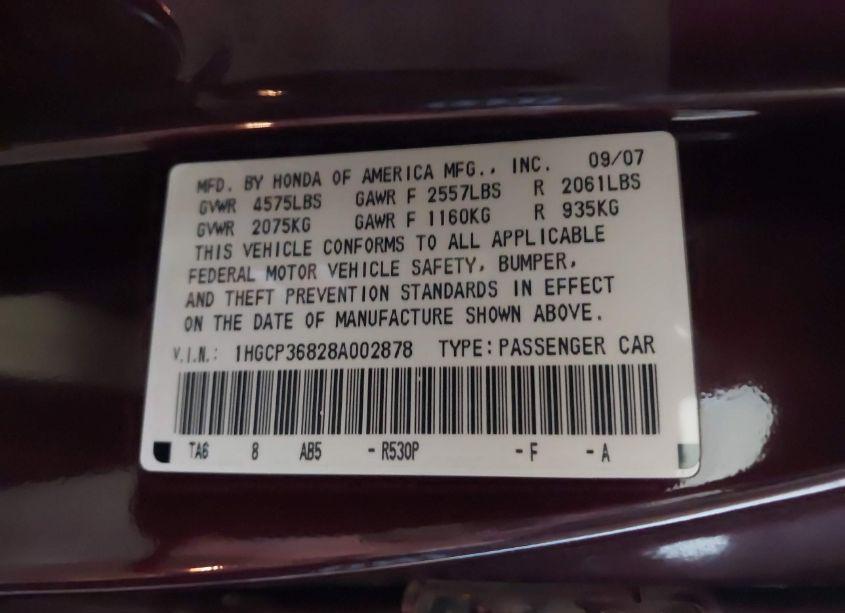 Photo 9 of 2008 Honda Accord 3.5 EX-L (VIN 1HGCP36828A002878)