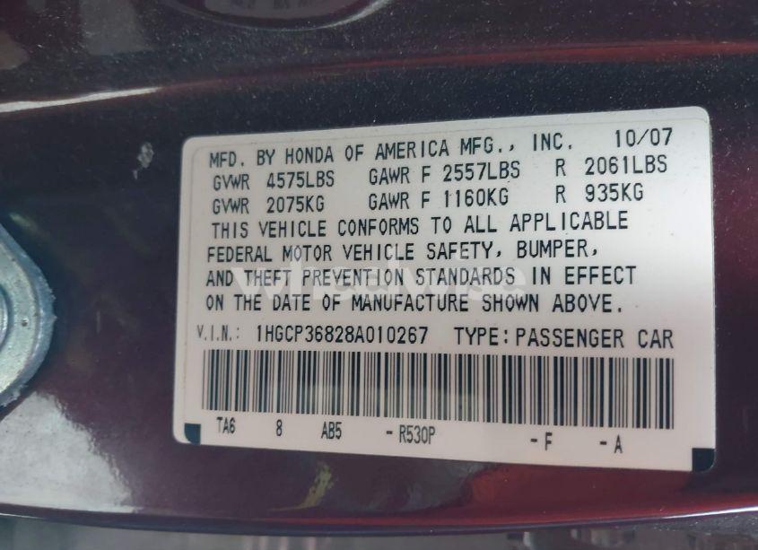 Photo 9 of 2008 Honda Accord 3.5 EX-L (VIN 1HGCP36828A010267)