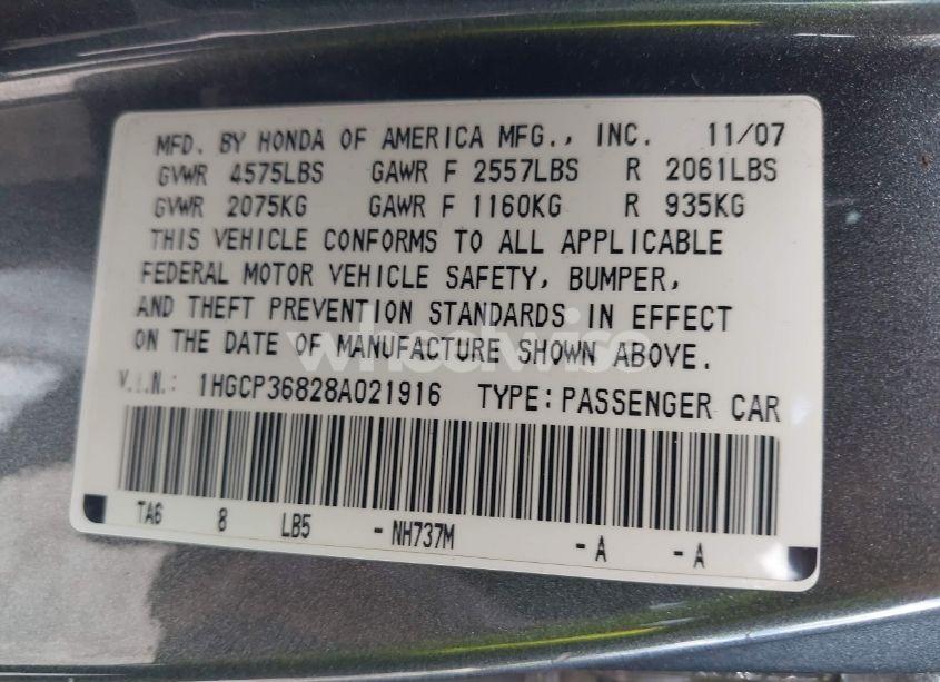 Photo 9 of 2008 Honda Accord 3.5 EX-L (VIN 1HGCP36828A021916)