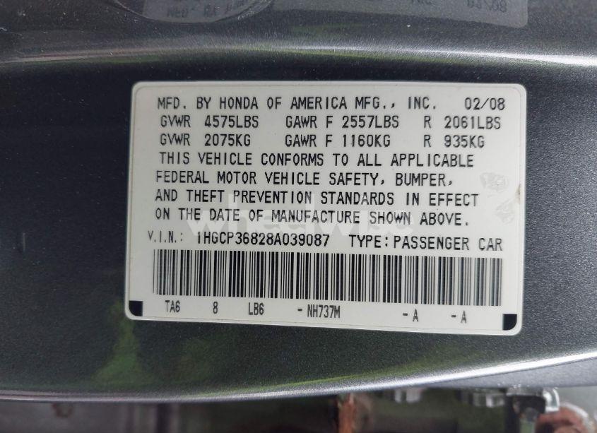 Photo 9 of 2008 Honda Accord 3.5 EX-L (VIN 1HGCP36828A039087)