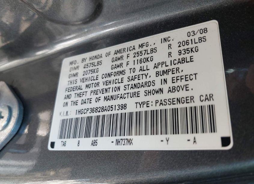 Photo 9 of 2008 Honda Accord 3.5 EX-L (VIN 1HGCP36828A051398)