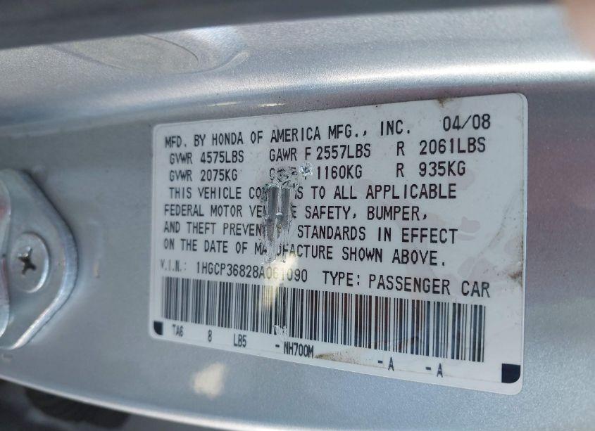 Photo 9 of 2008 Honda Accord 3.5 EX-L (VIN 1HGCP36828A061090)