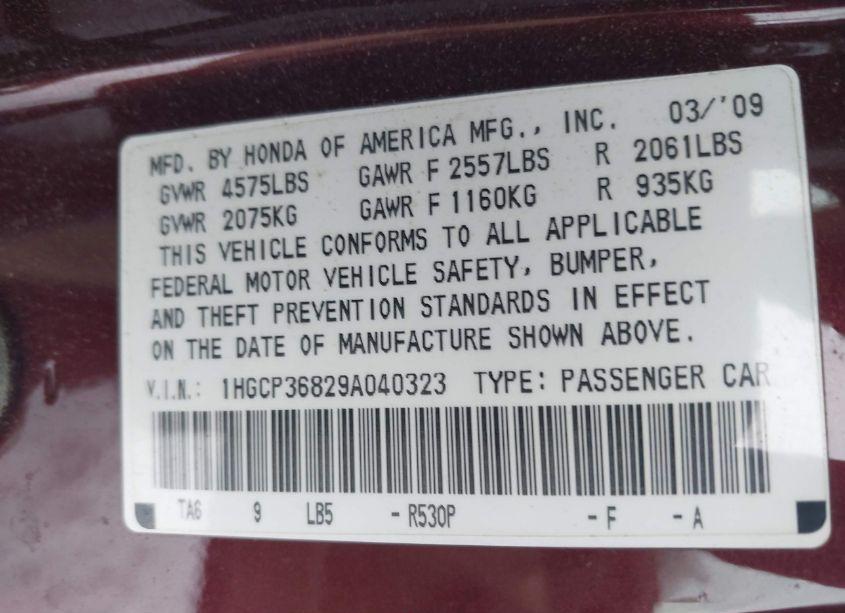 Photo 9 of 2009 Honda Accord 3.5 EX-L (VIN 1HGCP36829A040323)