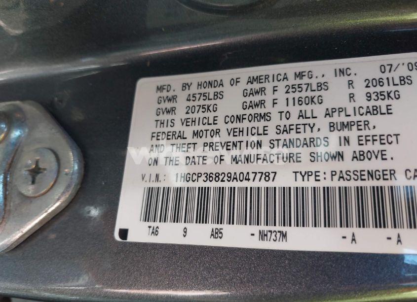 Photo 9 of 2009 Honda Accord 3.5 EX-L (VIN 1HGCP36829A047787)
