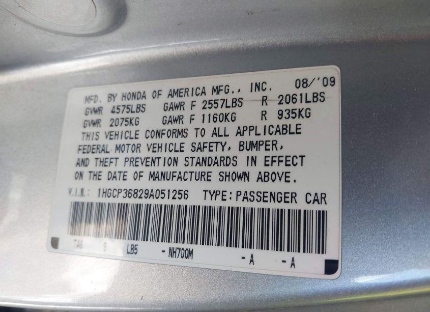Photo 9 of 2009 Honda Accord 3.5 EX-L (VIN 1HGCP36829A051256)