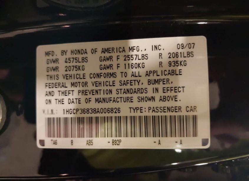 Photo 9 of 2008 Honda Accord 3.5 EX-L (VIN 1HGCP36838A006826)