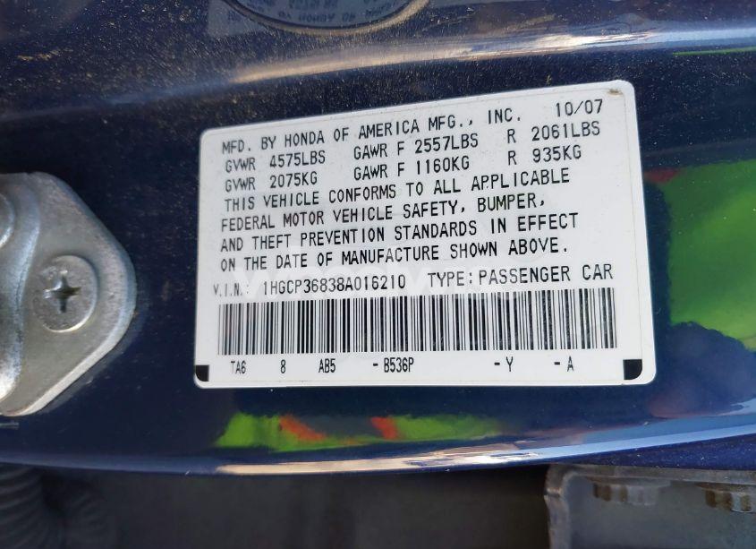 Photo 9 of 2008 Honda Accord 3.5 EX-L (VIN 1HGCP36838A016210)