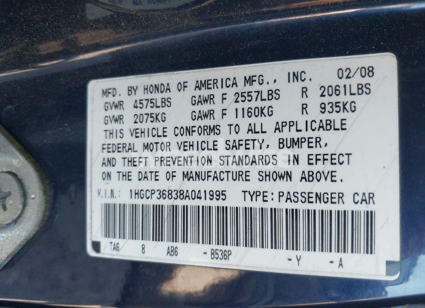 Photo 9 of 2008 Honda Accord 3.5 EX-L (VIN 1HGCP36838A041995)