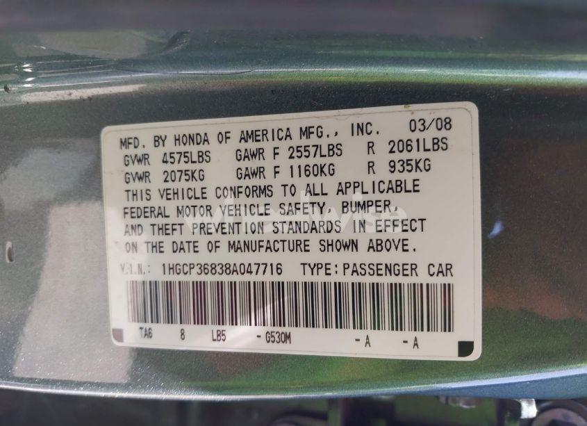 Photo 9 of 2008 Honda Accord 3.5 EX-L (VIN 1HGCP36838A047716)
