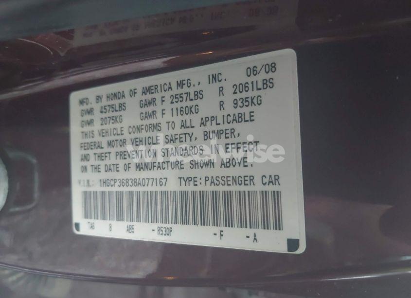 Photo 9 of 2008 Honda Accord 3.5 EX-L (VIN 1HGCP36838A077167)
