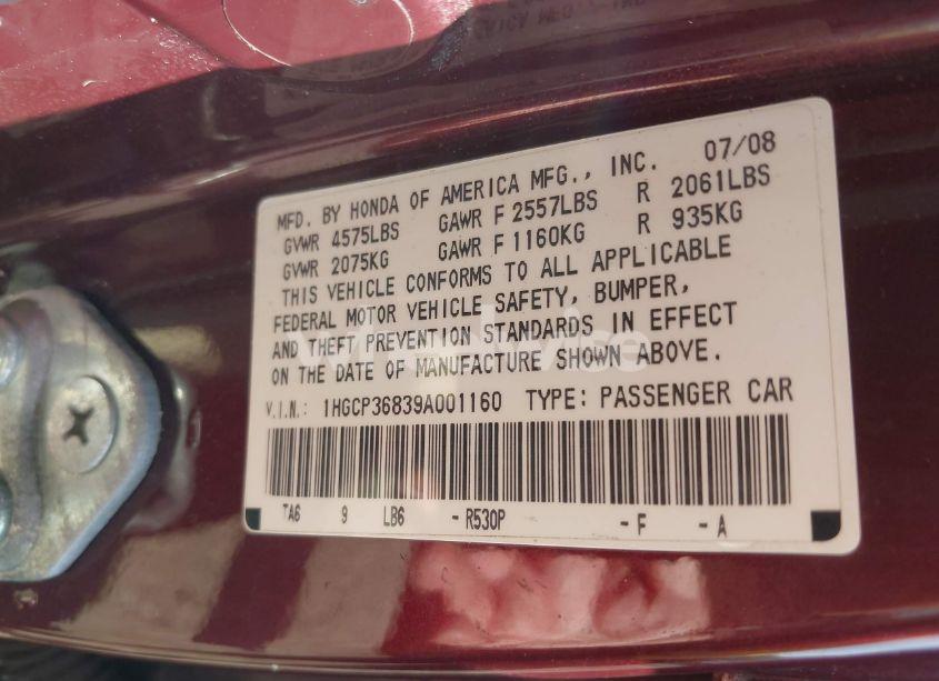 Photo 9 of 2009 Honda Accord 3.5 EX-L (VIN 1HGCP36839A001160)