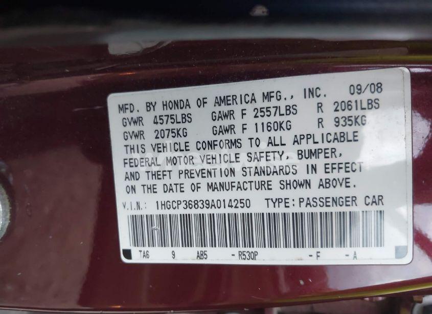 Photo 9 of 2009 Honda Accord 3.5 EX-L (VIN 1HGCP36839A014250)
