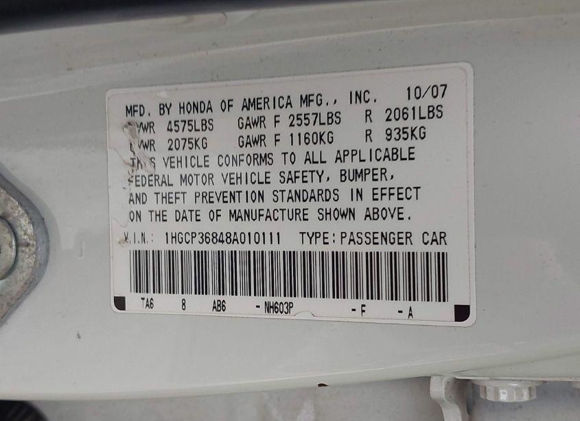 Photo 9 of 2008 Honda Accord 3.5 EX-L (VIN 1HGCP36848A010111)