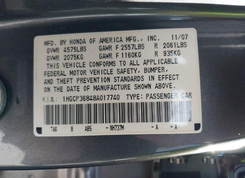 Photo 9 of 2008 Honda Accord 3.5 EX-L (VIN 1HGCP36848A017740)