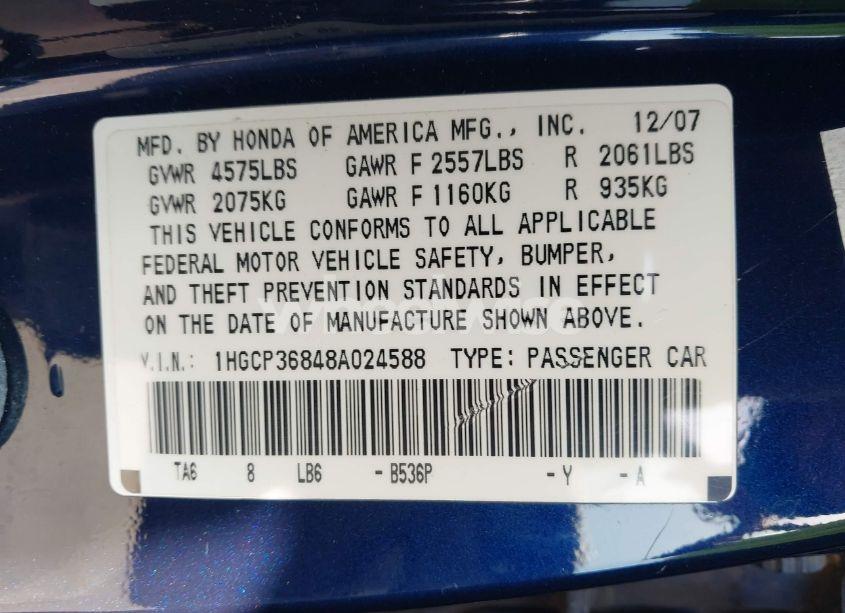 Photo 9 of 2008 Honda Accord 3.5 EX-L (VIN 1HGCP36848A024588)