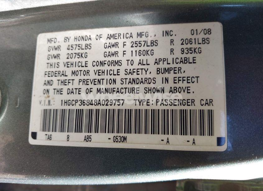 Photo 9 of 2008 Honda Accord 3.5 EX-L (VIN 1HGCP36848A029757)