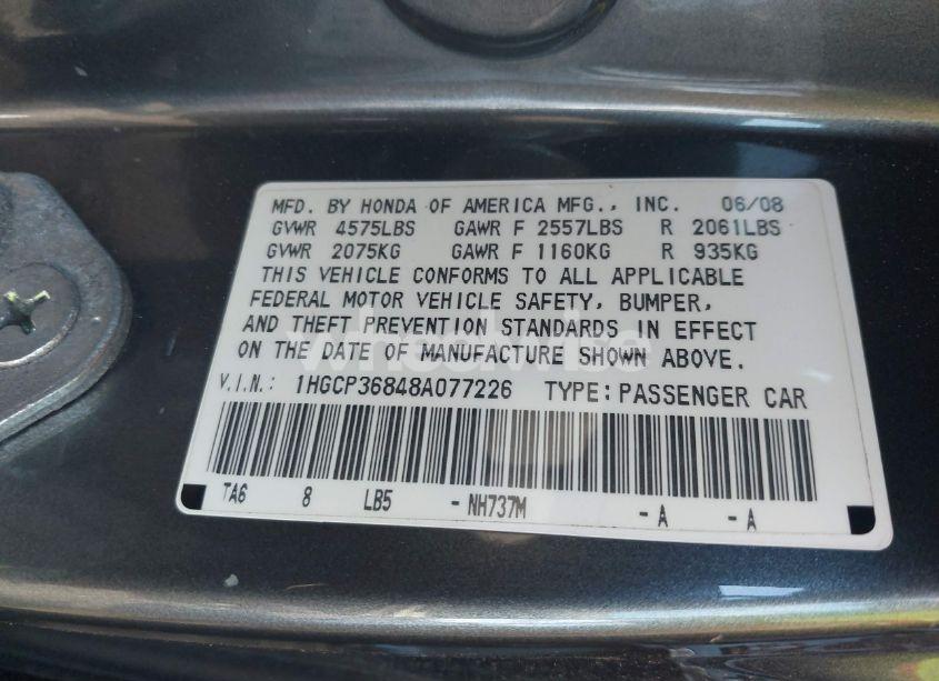 Photo 9 of 2008 Honda Accord 3.5 EX-L (VIN 1HGCP36848A077226)