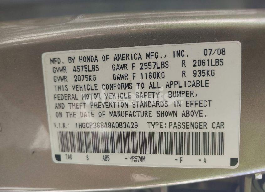 Photo 9 of 2008 Honda Accord 3.5 EX-L (VIN 1HGCP36848A083429)