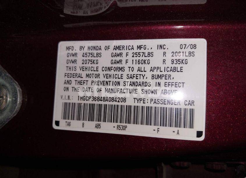 Photo 9 of 2008 Honda Accord 3.5 EX-L (VIN 1HGCP36848A084208)