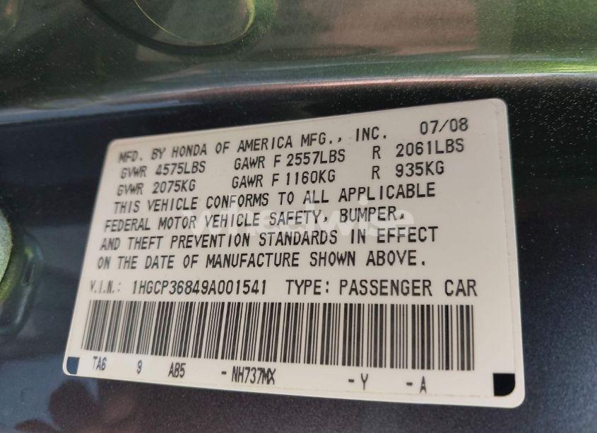 Photo 9 of 2009 Honda Accord 3.5 EX-L (VIN 1HGCP36849A001541)