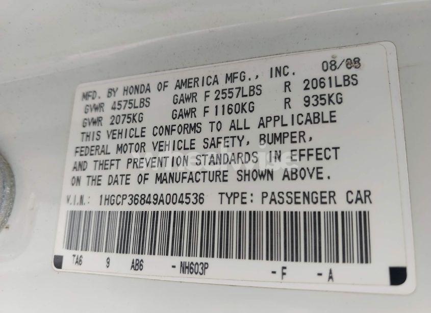 Photo 9 of 2009 Honda Accord 3.5 EX-L (VIN 1HGCP36849A004536)