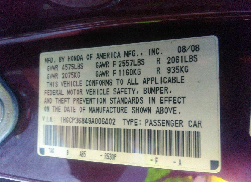 Photo 9 of 2009 Honda Accord 3.5 EX-L (VIN 1HGCP36849A006402)