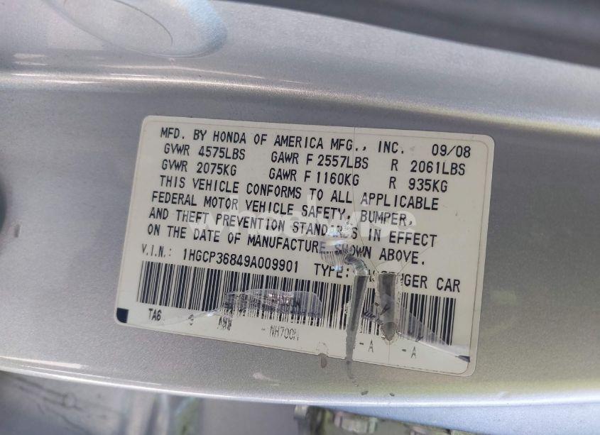 Photo 9 of 2009 Honda Accord 3.5 EX-L (VIN 1HGCP36849A009901)