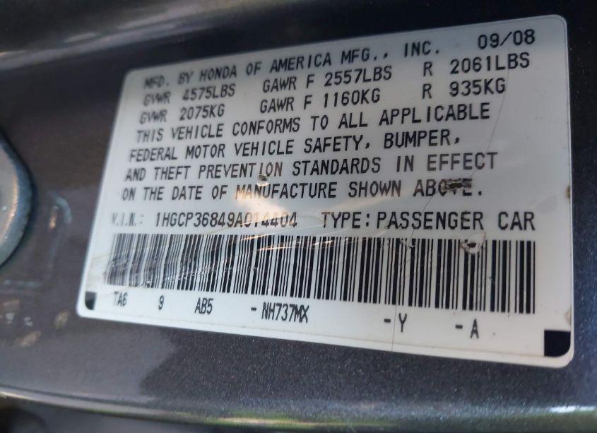 Photo 9 of 2009 Honda Accord 3.5 EX-L (VIN 1HGCP36849A014404)