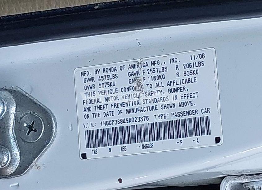 Photo 9 of 2009 Honda Accord 3.5 EX-L (VIN 1HGCP36849A023376)