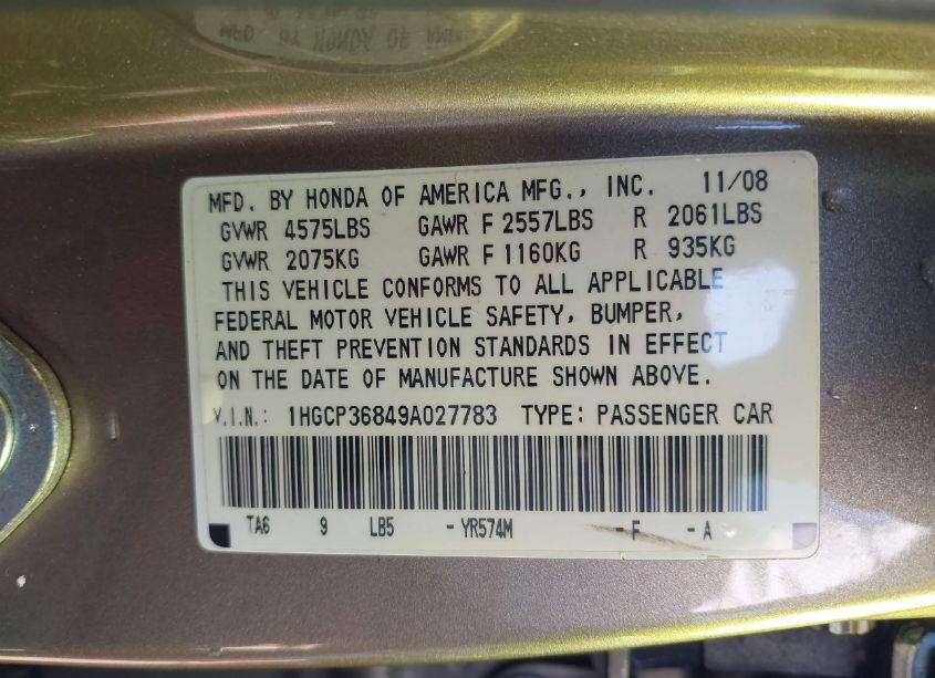 Photo 9 of 2009 Honda Accord 3.5 EX-L (VIN 1HGCP36849A027783)