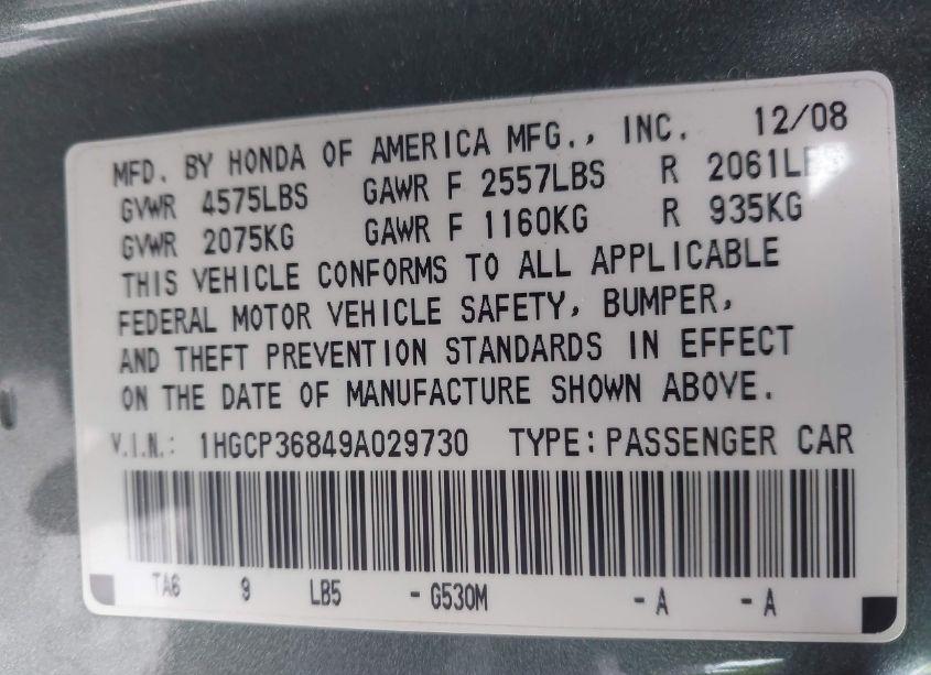 Photo 9 of 2009 Honda Accord 3.5 EX-L (VIN 1HGCP36849A029730)