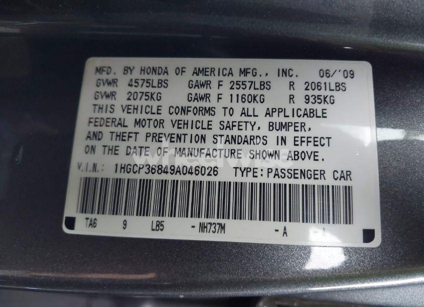 Photo 9 of 2009 Honda Accord 3.5 EX-L (VIN 1HGCP36849A046026)