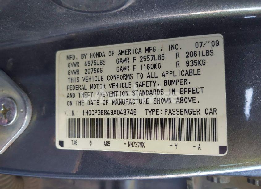 Photo 9 of 2009 Honda Accord 3.5 EX-L (VIN 1HGCP36849A048746)