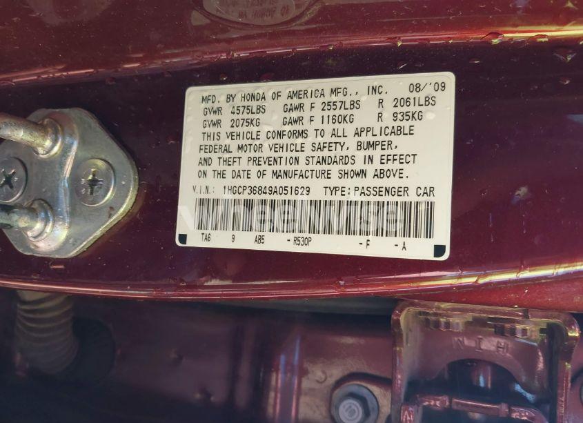 Photo 9 of 2009 Honda Accord 3.5 EX-L (VIN 1HGCP36849A051629)