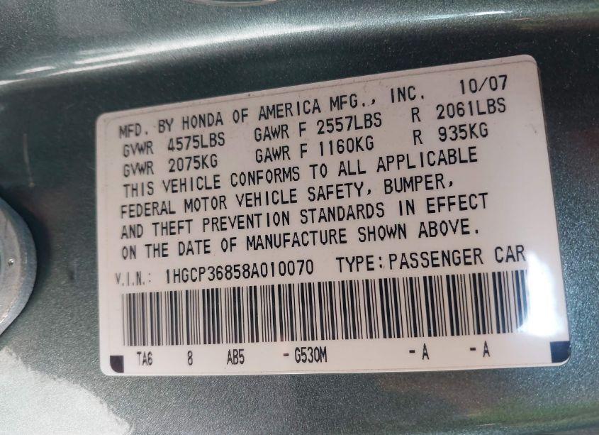 Photo 9 of 2008 Honda Accord 3.5 EX-L (VIN 1HGCP36858A010070)