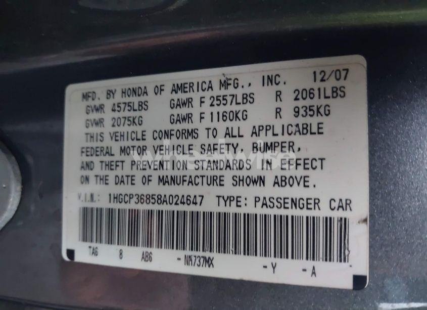 Photo 9 of 2008 Honda Accord 3.5 EX-L (VIN 1HGCP36858A024647)