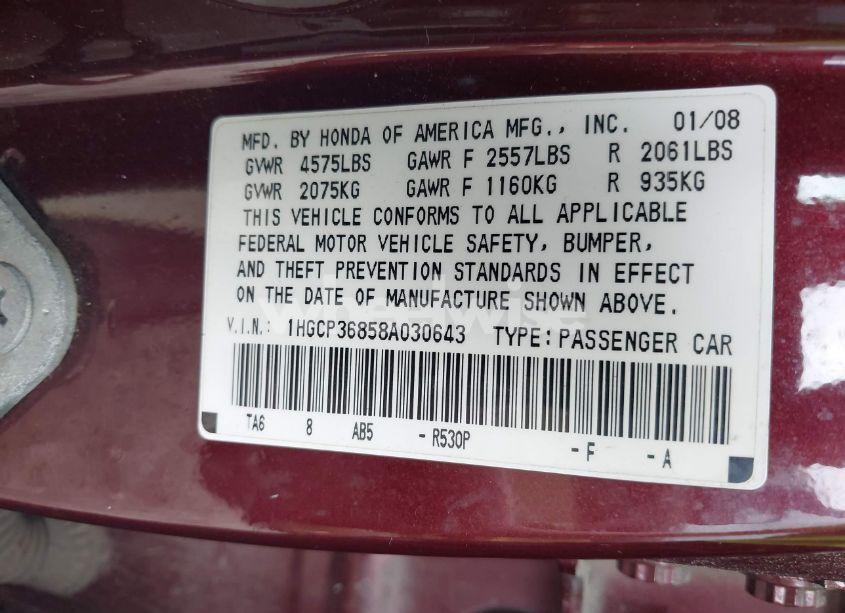 Photo 9 of 2008 Honda Accord 3.5 EX-L (VIN 1HGCP36858A030643)