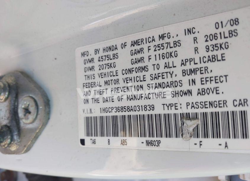 Photo 9 of 2008 Honda Accord 3.5 EX-L (VIN 1HGCP36858A031839)