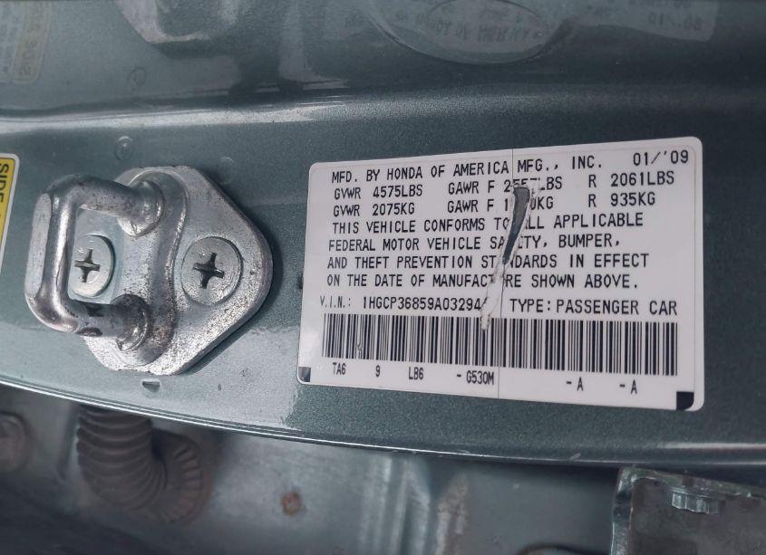 Photo 9 of 2009 Honda Accord 3.5 EX-L (VIN 1HGCP36859A032944)
